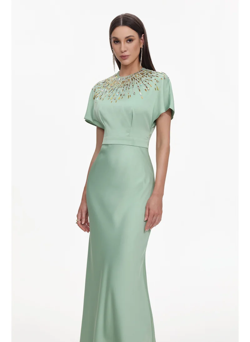 Bella Barnett  Lacey Elegant Tailored Short Sleeve Crystal Embellished Satin Maxi Dress for Women | Best Price UAE